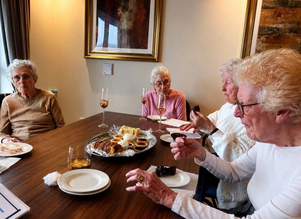 older ladies sat at a table with desserts and champagne